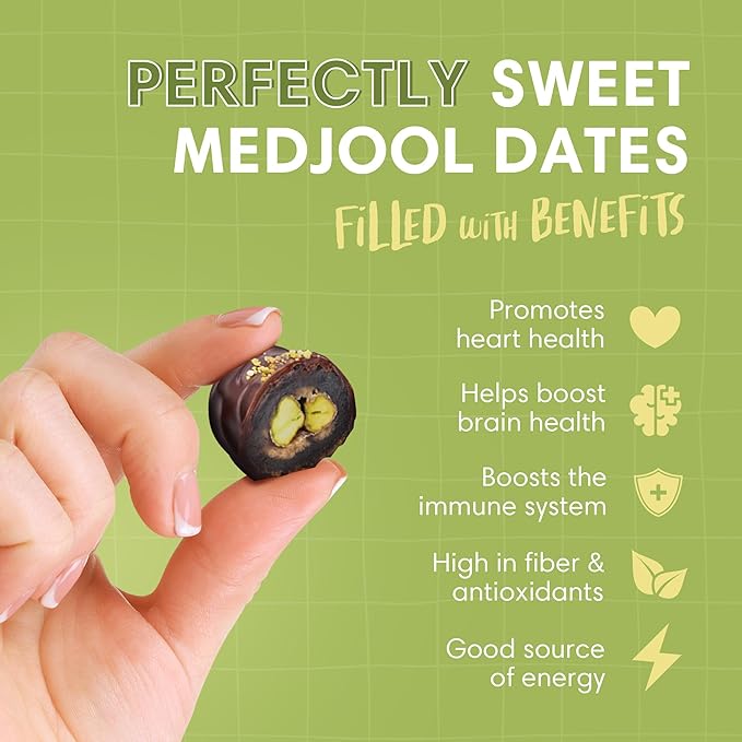 DORREL - Belgian Dark Chocolate Covered Dates (Medjool) with Pistachio Stuffing, High Energy Vegan Choco Snack, Delicious, Kosher & Non-GMO, Pack of 3 Stuffed Chocolate Dates, 7.05 oz / 200 g Ea