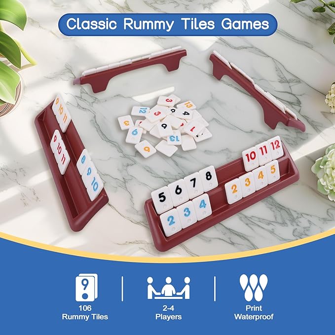 106 Rummy Tiles Set with 4 Double Tile Holders - Compact Travel Size, Classic Rummy Game for Adults, Kids & Family - 2-4 Players - Perfect for Parties, Travel & Family Game Night