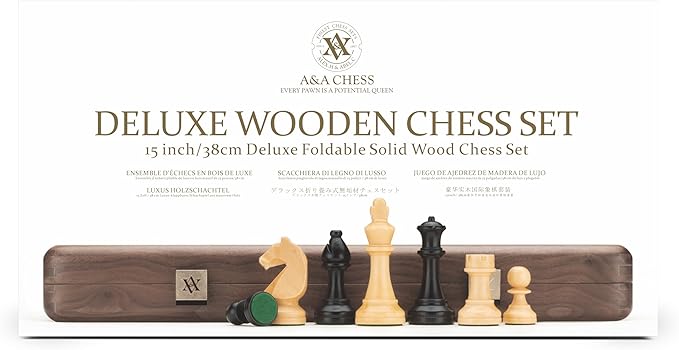 A&A Premium Natural Walnut Folding Chess Board Game Set, 15" Wooden Chess Board & 3" King Height Staunton Chess Pieces with 2 Extra Queens, Portable Travel Chess Set with Storage Bag for Adults & Kids