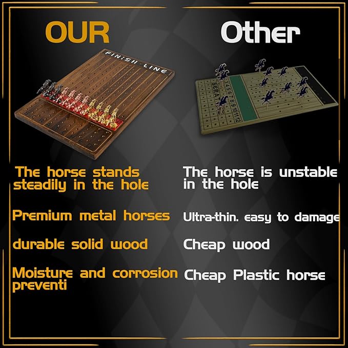 Horse Race Board Game Racing Game Thickened Solid Wood with 11 Luxurious Durable Classic Metal Horses with 2 Dice and 2 Boxes of Cards Horse Racing Game (Rustic Brown, Rectangle)