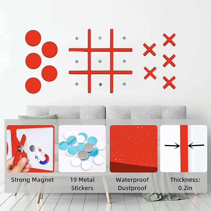 Magnetic Tic Tac Toe Wall-Mount Game,Game Room Decor,Hallway Decor,Playroom Decor,Modern Wall Decals for Kids Room,Classroom&Offices,Best Gift for Family, Friends (Orange)