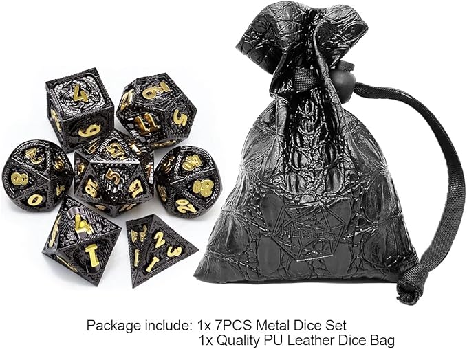 Haxtec Metal DND Dice Set Black Gold Metal D&D Dice with Fire-Breathing Dragon Elements & Leather Dice Bag Polyhedral Dice for Dungeons and Dragons TTRPG Gifts…