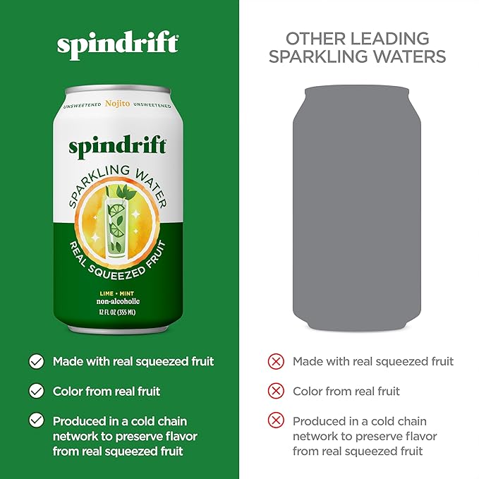Spindrift Sparkling Water, Nojito Flavored, Made with Real Squeezed Fruit, 12 Fl Oz Cans, Pack of 24 (Only 4 Calories per Can)