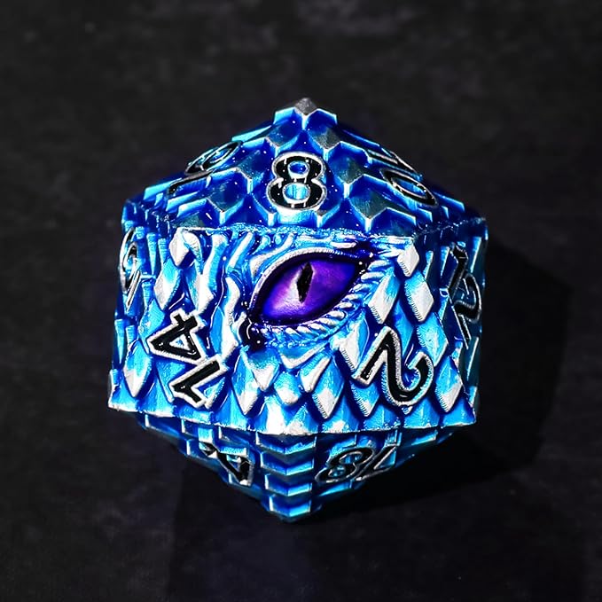 Metal Dice Set D&D,7 PCS Dragon Scale Metallic DND Dice Set,Dragon Eye Metal Dice with Grogeous Gift Case for Dungeons and Dragon Tabletop Game (Blue Dragon Scale & Purple Eye)