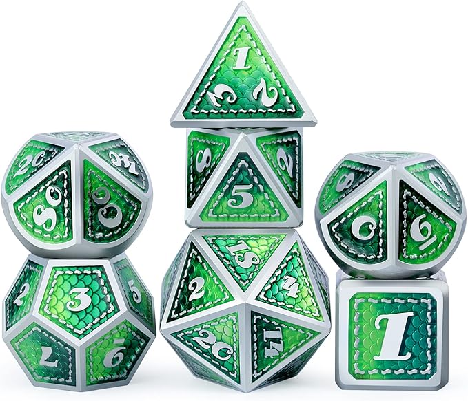 DND Metal Dice Set with Gift Metal Tin DNDND Metallic Dungeons and Dragons Dice Set for D&D Game (Neno Green & Green with Matt Silver Edge)