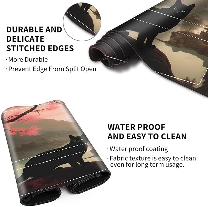 Playmat with Zones for MTG Card Game Playing, 24"x14" Commander Deck Gaming Duel Mat for Beginner, Pink Tree Black Cat