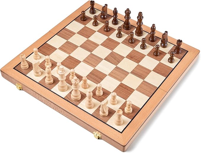 AMEROUS Magnetic Wooden Chess Set, 15 Inches Handmade Wooden Folding Travel Chess Board Game Sets with Chessmen Storage Slots for Kids and Adults, 2 Bonus Extra Queens, Gift Box Packed