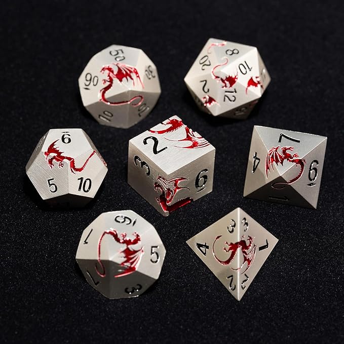 Metal Dice Set D&D, HNCCESG Polyhedral Dice 7 Piece Dice Dragon Metallic DND Dice Set for Dungeons and Dragon RPG Tabletop Game(Matte Silver Red Dragon)