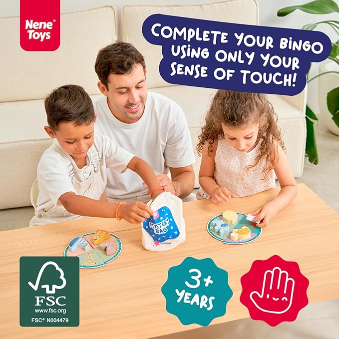 Nene Toys Touch and Match Bingo Game - Educational Sensory Toy for Kids Aged 3+ | Board Game with 24 Wooden Shapes & Puzzle Cards for Family Fun | Develops Fine Motor Skills & Tactile Awareness