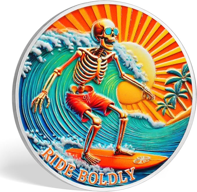 Memento Mori Coin Momento Mori Coin Skull Coin Stoic Gifts Memento Mori Calendar Living Memento Mori Amor Fati Coin (Surfing Skeleton)