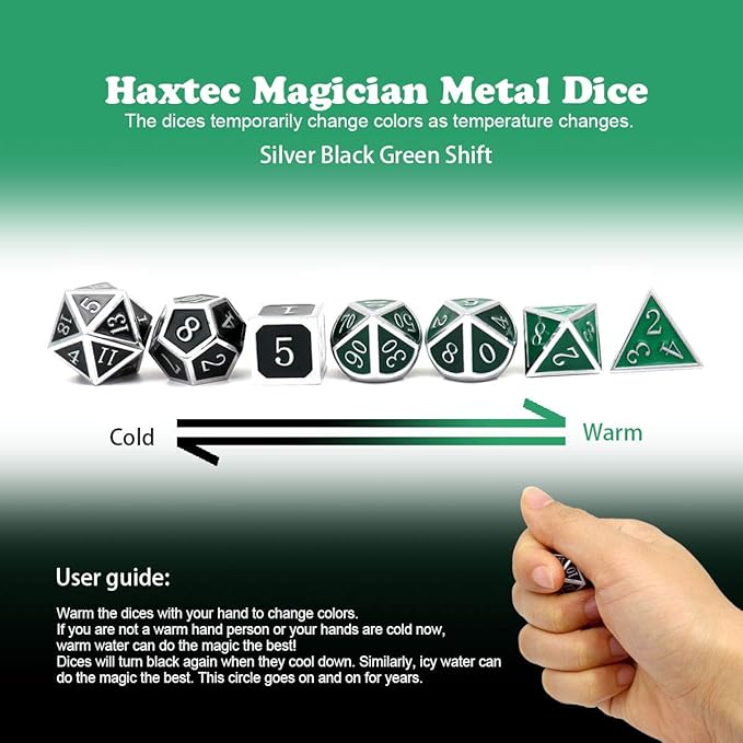 Haxtec Color Shifting Metal DND Dice Set Temperature Sensitive Polyhedral D&D Dices for RPG Dungeons and Dragons-Silver Black Green Shift