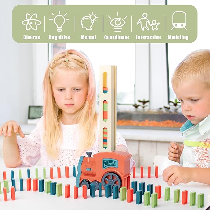 Automatic Domino Train for Kids 200pcs Blocks Montessori Dominos Stacking Toys Christmas or Birthday Gifts for 3 4 5 Year Old Boys Girls Toddler Age 6-8 Game Play (Orange)