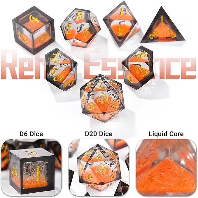 DND Dice Set - Handcrafted Liquid Core Sharp Edge 7-Die Resin Dice with Colorful Quicksand Effect，for DND, RPG, MTG, Tabletop Games（BLBZE BEHR Soul）