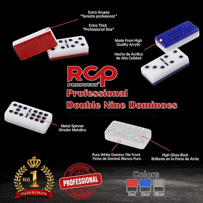Double Nine Dominoes Professional, High Gloss Dominoes Set in Wood Box, Set of 55 Tiles Color Red