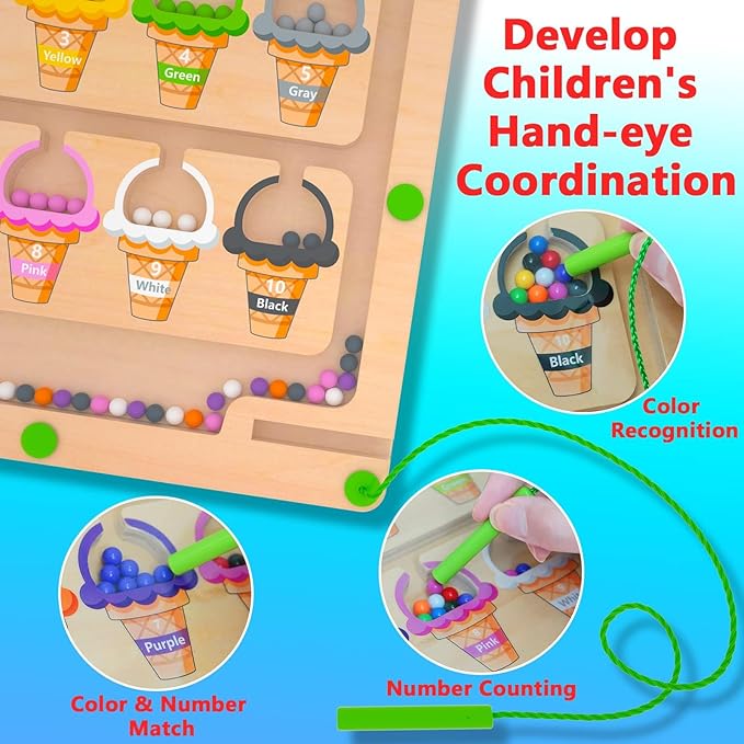 Magnetic Color & Number Maze - Montessori Wooden Color Matching Learning Counting Puzzle Board - Toddler Fine Motor Skills Toys for Boys Girls 3 4 5 Years Old