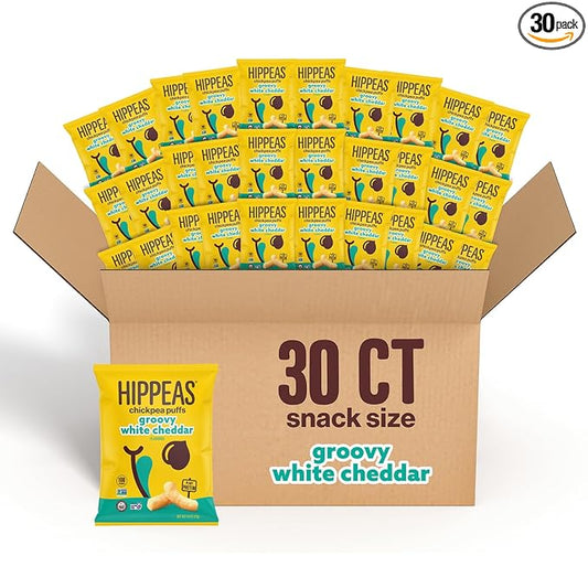 Hippeas Chickpea Puffs, Groovy White Cheddar, 0.8 Ounce (Pack of 30), 3g Protein, 2g Fiber, Vegan, Gluten-Free, Crunchy, Plant Protein Snacks