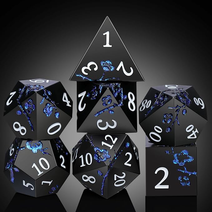 Glitter Blue D&D Metal Dice, DNDND 7 PCS Flower Metallic DND Dice Set with Gorgeous Gift Case for Dungeons and Dragon Tabletop Game (Matte Black with Glitter Blue Flower)