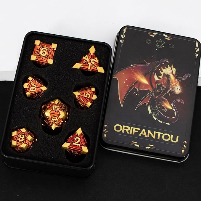 Metal DND Dice Set Golden Red Debris RPG D and D Dice for use with D&D Tabletop Games Role Playing Game Polyhedral Dice Set with Box D20 D12 D10 D8 D6 D4