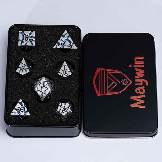 Dice Set D&D Dungeons and Dragons Dice D20 Metal DND Dice Set with Box, Polyhedral Role Playing Dice D12 D10 D% D8 D6 D4 for MTG RPG Board Games (Pearl Silver Blue)