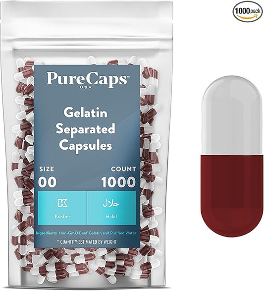 PureCaps USA - Empty Gelatin Capsules Size 00| 1,000 Separated Pills| Scarlet Red/White| Non-GMO Certified | SLS, Gluten, Preservative Free