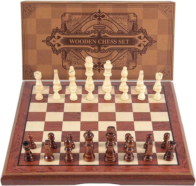AMEROUS 15'' Magnetic Wooden Chess Set -Folding Board -2 Extra Queens -Chessmen Storage Slots -Gift Package, Travel Chess Board Game Sets for Kids and Adults