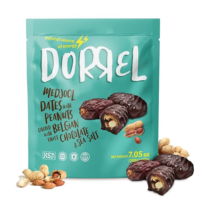 DORREL - Belgian Dark Chocolate Covered Dates (Medjool) with Salted Peanuts Stuffing, High Energy Vegan Choco Snack, Delicious, Kosher & Non-GMO, Pack of 1 Stuffed Chocolate Dates, 7.05 oz / 200 g Ea