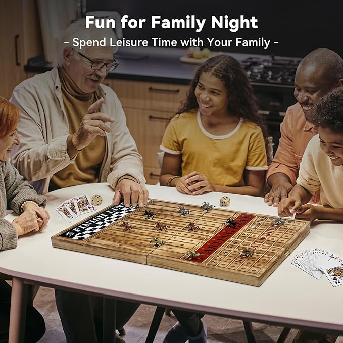 Large 23 inches Horse Racing Board Game with 11 Luxury Metal Horses, Foldable Wood Horse Race Board Game with 2 Sets of Dice, 2 Boxes of Cards for Parties and Gambling