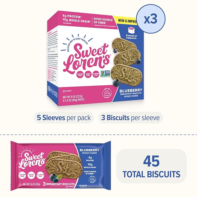 Sweet Loren's Vegan Breakfast Biscuits | Blueberry | 4g Protein, 19g Whole Grains | Plant Based, Gluten Free, Dairy Free, Nut Free Snacks | 3 Pack (15 Total Biscuits, 1.6 ounce each)