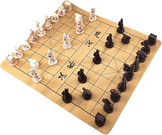 Traditional Chinese Xiangqi Portable Chess Set,Travel Board Game Set with Resin Chess Pieces and Leather Chessboard