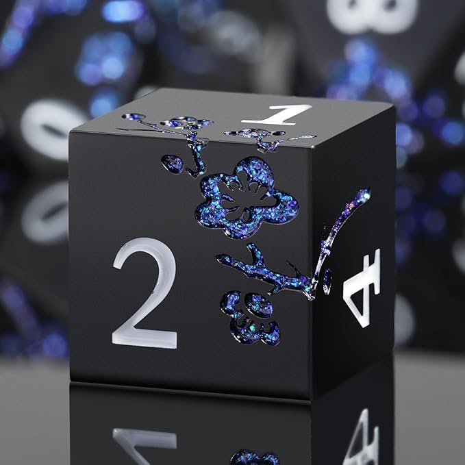 Glitter Blue D&D Metal Dice, DNDND 7 PCS Flower Metallic DND Dice Set with Gorgeous Gift Case for Dungeons and Dragon Tabletop Game (Matte Black with Glitter Blue Flower)