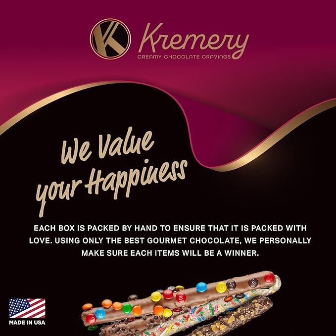 KREMERY Creamy Chocolate Cravings - Birthday Treats, Chocolate Covered Pretzel Rods Gift Basket, in Confetti Tower + Greeting Card (10 Pretzels, Assorted Sweet Toppings) Kosher Dairy, USA Made