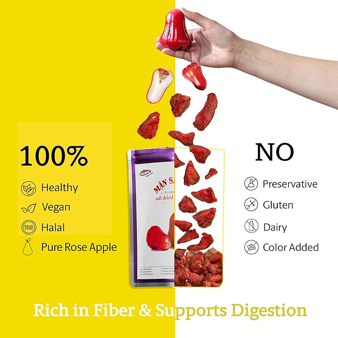 Vinamit Soft Dried Rose-Apple | Dried Prunes 3.5 oz Bag | Tropical Fruit Snack | Vegan, Gluten-Free | High in Fiber, No GMO, Ideal for Healthy Snacking