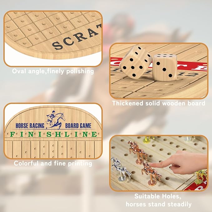 Horse Race Board Game, 23IN Horse Racing Board Game for Adults with Wooden Horse Game Board, 11 Luxurious Metal Horses, 100PCS Chips, 2 Wooden Dice and 2 Decks of Cards