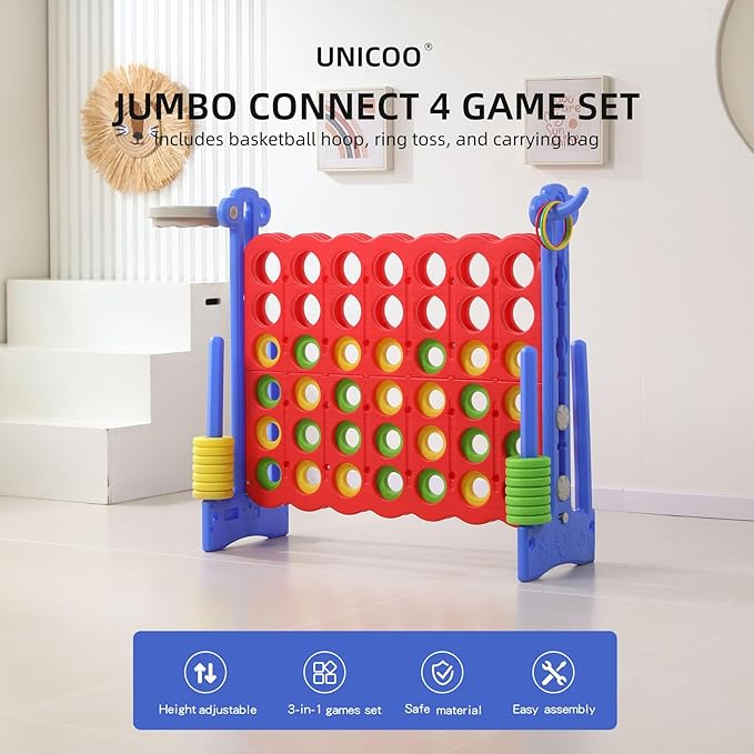 UNICOO® Height Adjustable Jumbo 4-to-Score Game, 4 in A Row Game with Basketball Hoop, Ring Toss, Carrying Bag, Indoor Outdoor Yard Game, Parties & Family Gatherings