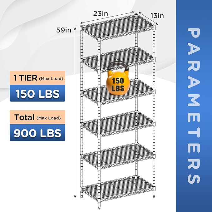 FDW 6-Shelf Adjustable,Storage Shelves Wire Shelving Shelving Unit Metal Shelves Storage Shelf,13" D x 23" W x 59" H,Chrome