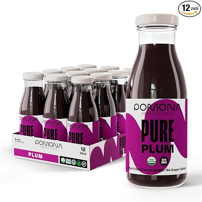 Pomona Organic Plum Juice (Pack of 12), Cold Pressed USDA Organic Juices, 100% Plums, No Added Sugar, Not From Concentrate, Vegan, Kosher, Non GMO, Pasteurized, 8.4 oz Glass Bottles