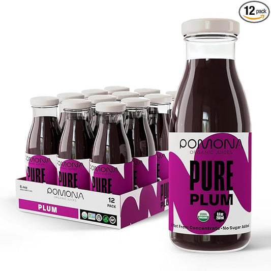 Pomona Organic Plum Juice (Pack of 12), Cold Pressed USDA Organic Juices, 100% Plums, No Added Sugar, Not From Concentrate, Vegan, Kosher, Non GMO, Pasteurized, 8.4 oz Glass Bottles
