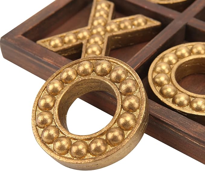 NIKKY HOME Tic Tac Toe Game Coffee Table Decor, 10.6 Inch Rustic Wooden Board, Gold