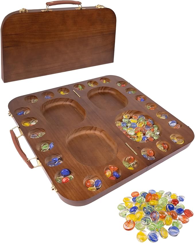 4 Player Wooden Mancala Board Game,4 Player Mancala Board Game Set, Great Glass Beads,Classic & Portable Marble Game for Family Game Night and Travel Game