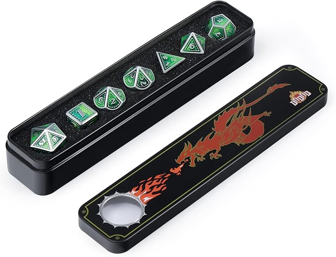 DND Metal Dice Set with Gift Metal Tin DNDND Metallic Dungeons and Dragons Dice Set for D&D Game (Neno Green & Green with Matt Silver Edge)