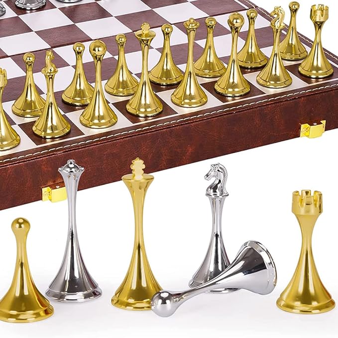 Chess Set, Magnetic Travel Chess Set, Large Metal Deluxe Chess Retro Alloy Adult Board Game Portable Wooden Box Storage Folding Chess Set,D