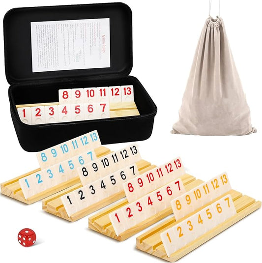 Upgraded 4 Players Rummy Game, 106 Melamine Tiles, 4 Wooden Racks, Premium Portable Case, Drawstring Bags, Tile Board Games for Adults, Birthday Gifts for Men Women Dad Mom