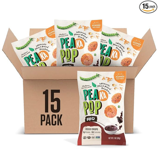 PeaKaPop Veggie Chips – Plant-Based, Healthy Veggie Crisps with Pea, Lentil & Chickpea Protein – Vegan, Gluten-Free, Popped Chips – Snack Size for Kids & Adults – 1 oz Bags (15-Pack) – BBQ