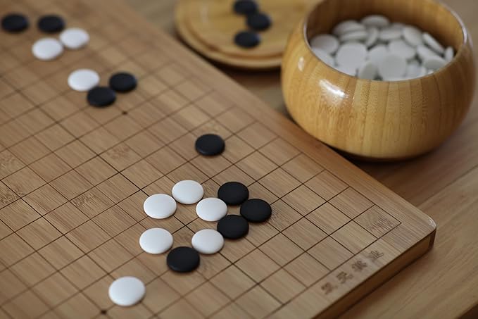 Go Game Set Reversible 19x19 / 13x13 Bamboo Game Board with Single Convex Ceramic Stone 361pcs and Bamboo Go Bowls, 2 Players Board Game