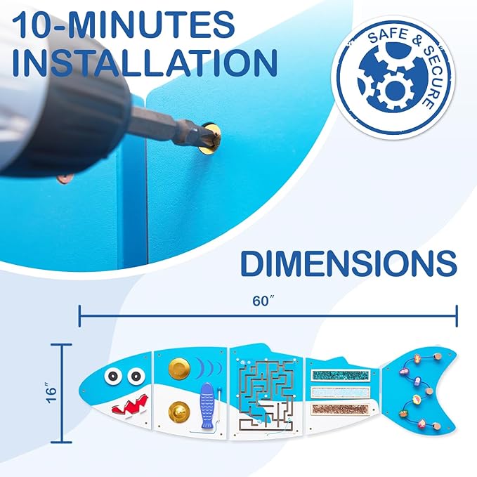 Monläurd® Shark Montessori Busy Board, Sensory Board, Educational Toys, Sensory Wall Panel, Wall Toys, Daycare Furniture, Playroom Furniture, Learning Toys, Boys and Girls 6 M+