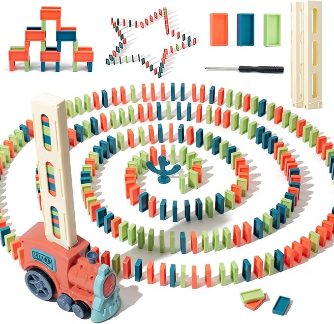Automatic Domino Train for Kids 200pcs Blocks Montessori Dominos Stacking Toys Christmas or Birthday Gifts for 3 4 5 Year Old Boys Girls Toddler Age 6-8 Game Play (Orange)