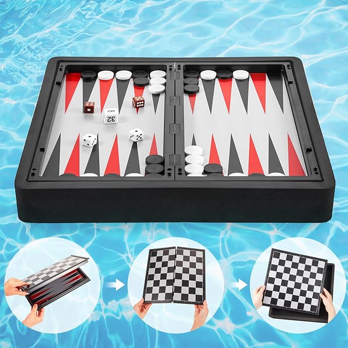 Liliful Floating Multi Game board Reversible Foldable Chess Board Tic Tac Toe Portable Travel Backgammon Chess and Checkers Game Set Pool Board Games for Family Pool Playing Board Games (3 in 1 Chess)