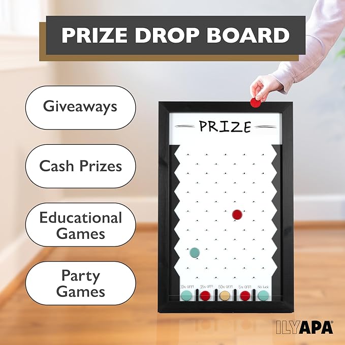 Ilyapa Large Prize Drop Board Game - 18x28 Inch Portable Penny Drop Game for Events and Trade Show - Wooden A-Frame Whiteboard Sign, Eraser