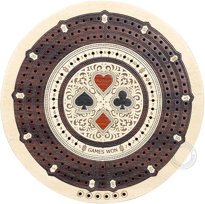 Round Shape 3 Track Non-Continuous Cribbage Board - Push Drawer Storage for Pegs and 1 Deck of Cards with Score Marking Fields for Won Games (Maple Wood/Rosewood)