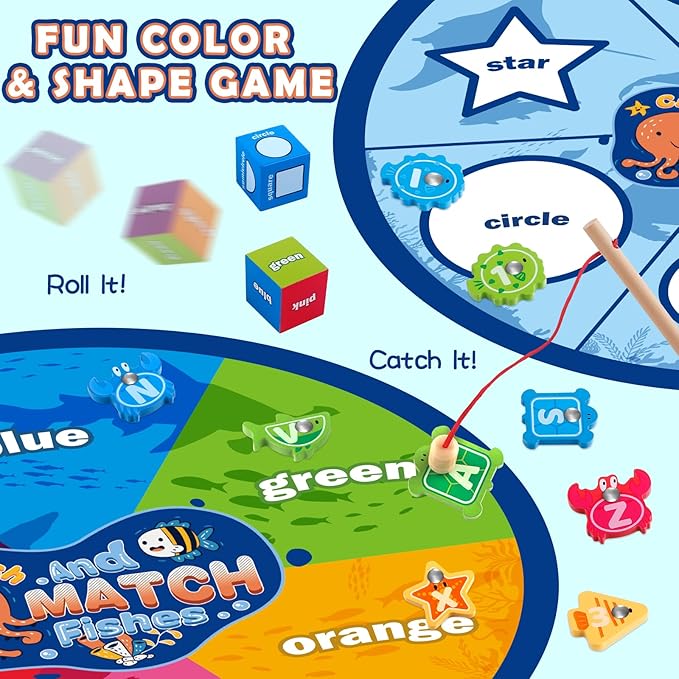 Alphabet Fishing Game - Wooden ABC Letter Puzzle for Toddlers 3-5 Years Old, Fine Motor Skills Toy, Birthday Gift for Kids